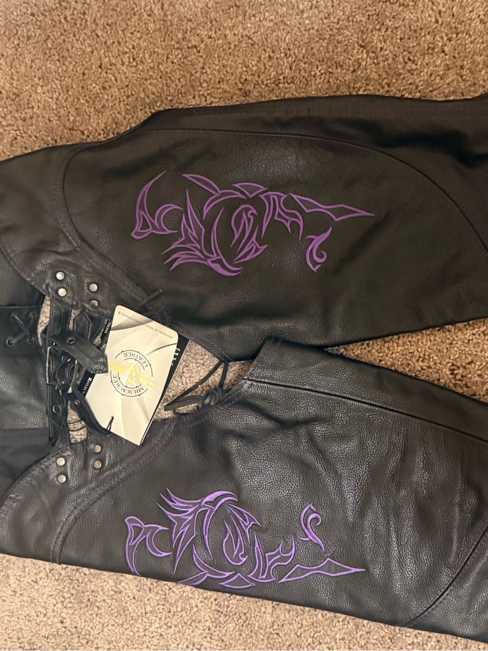 Women’s Black Leather Jacket /pants with Purple Tribal Embroidery